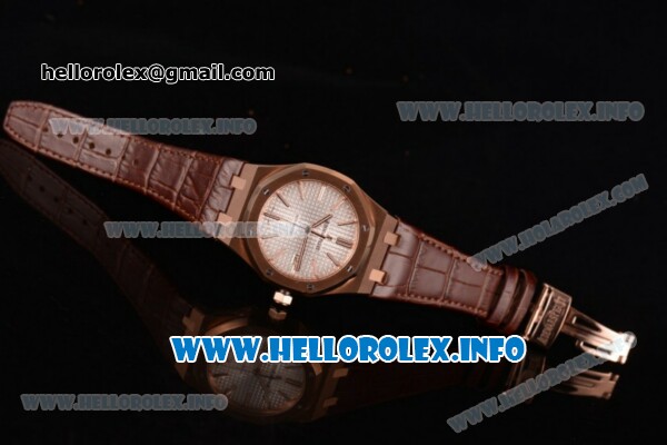 Audemars Piguet Royal Oak 41 Clone AP Calibre 3120 Automatic Rose Gold Case with White Dial Stick Markers and Brown Leather Strap (BP) - Click Image to Close